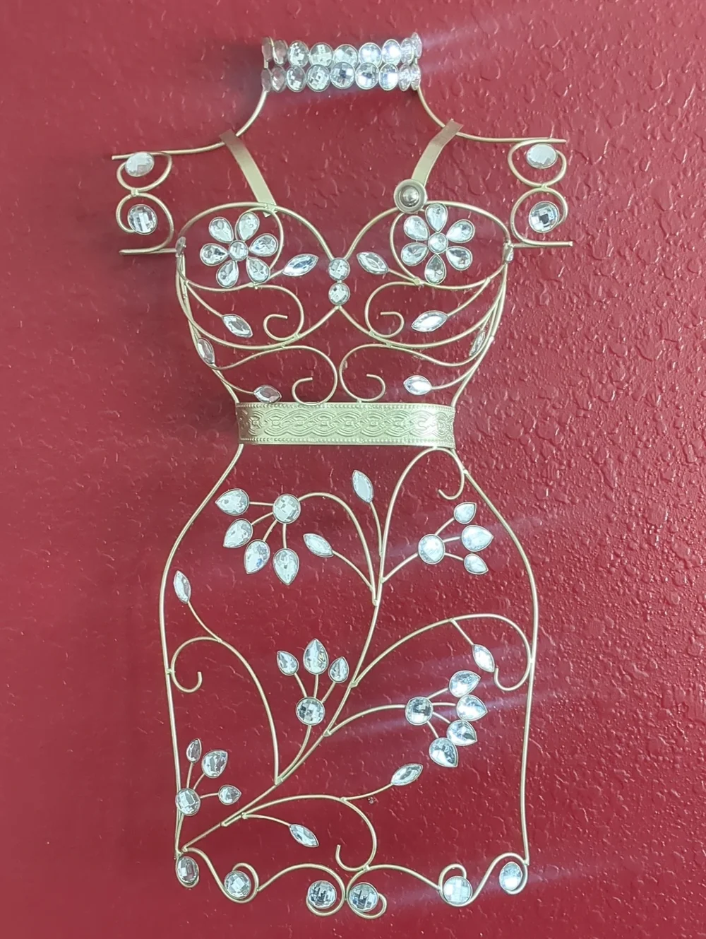 Gold Floral Wire Dress Wall Decor with Crystal Accents